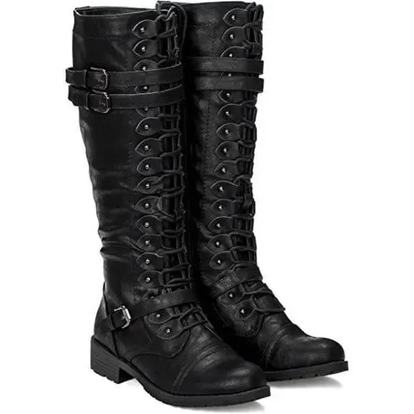 Illude Ladies Timberly Black Knee High Lace Up Buckle Military Boots - Size 7 - Picture 7 of 9